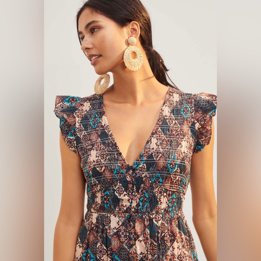 Anthropologie Blue & Brown Patterned Midi Dress - Picture 2 of 13